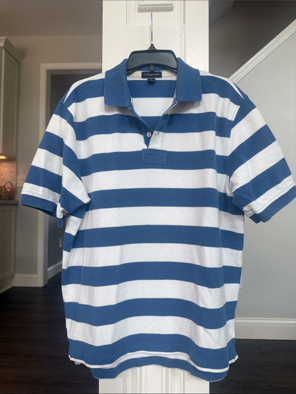 Lands' End Men's Blue and White Striped Rugby Polo Large